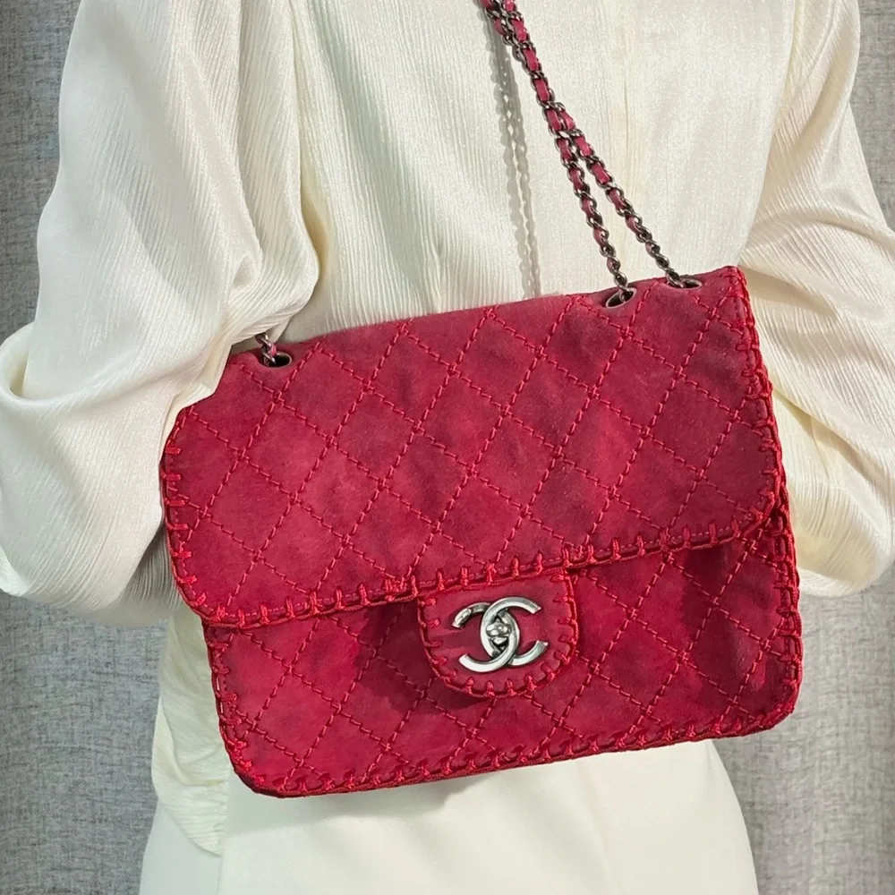 CHANEL Red Suede Whipstitched Classic Flap Medium SHW - Picture 15 of 17